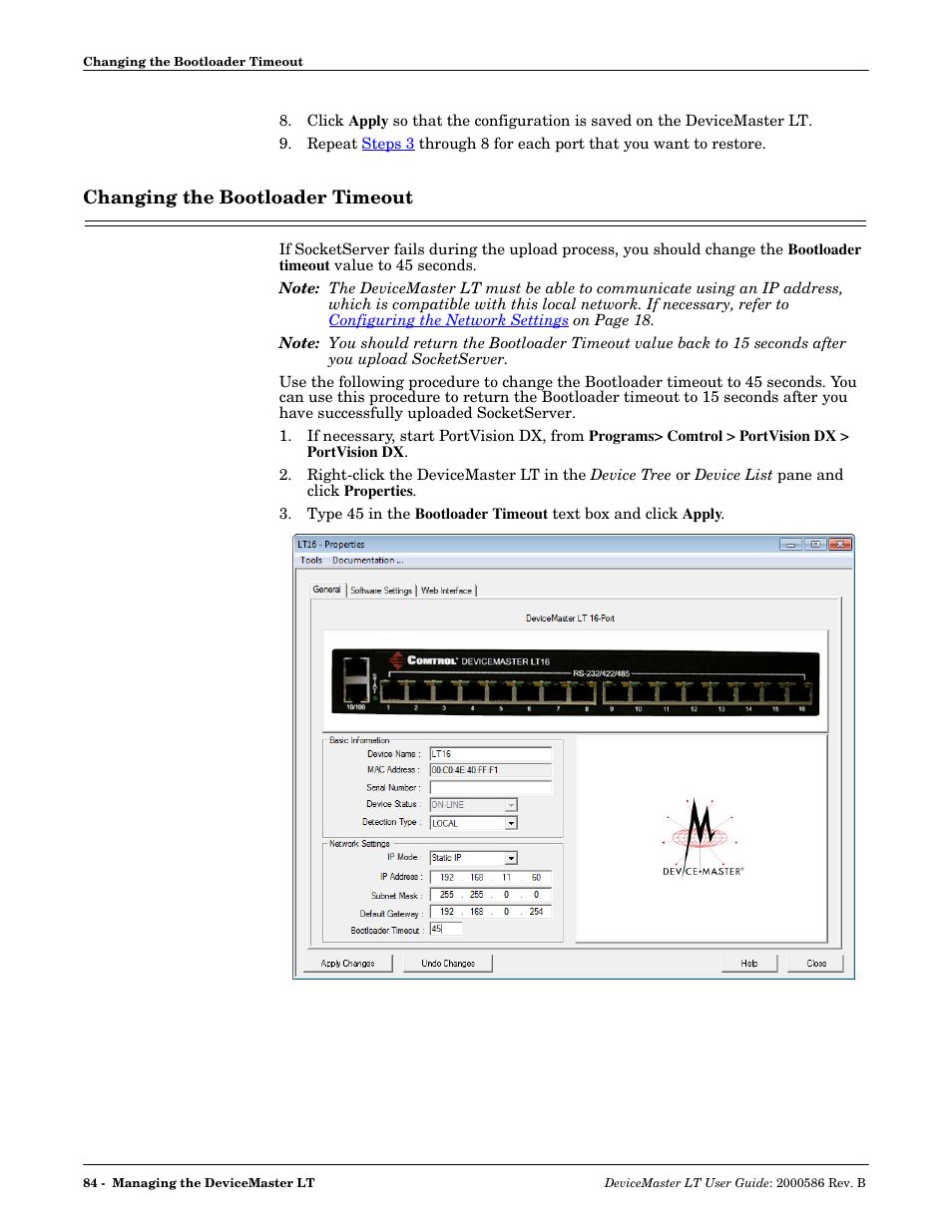Changing the bootloader timeout | Comtrol DeviceMaster LT User Manual | Page 84 / 136