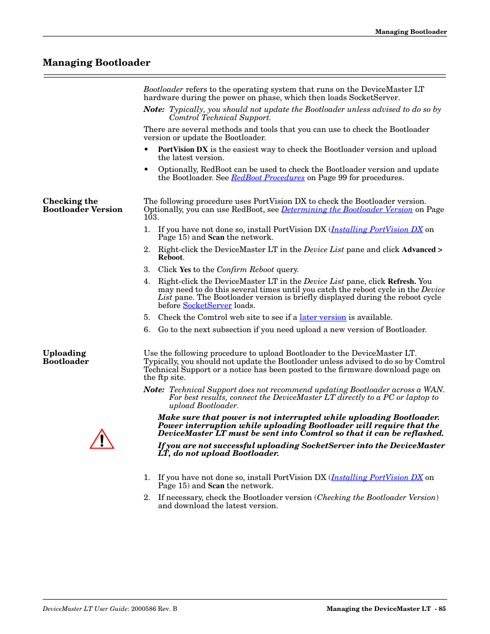 Managing bootloader, Checking the bootloader version, Uploading bootloader | Comtrol DeviceMaster LT User Manual | Page 85 / 136