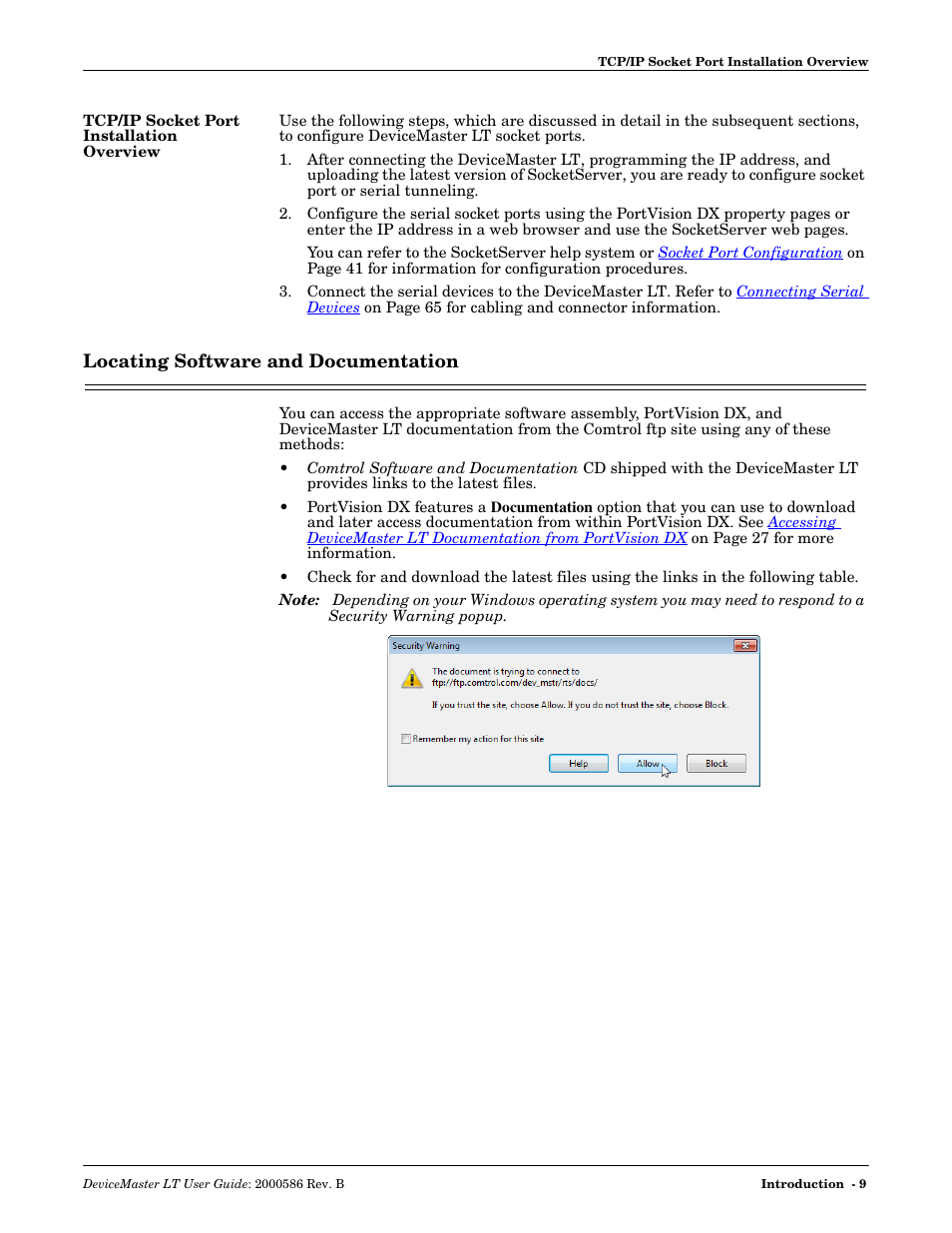 Tcp/ip socket port installation overview, Locating software and documentation, Ports | Comtrol DeviceMaster LT User Manual | Page 9 / 136