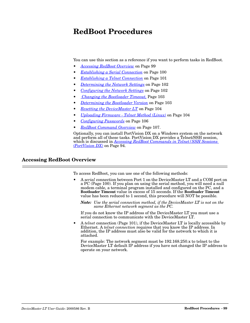 Redboot procedures, Accessing redboot overview | Comtrol DeviceMaster LT User Manual | Page 99 / 136