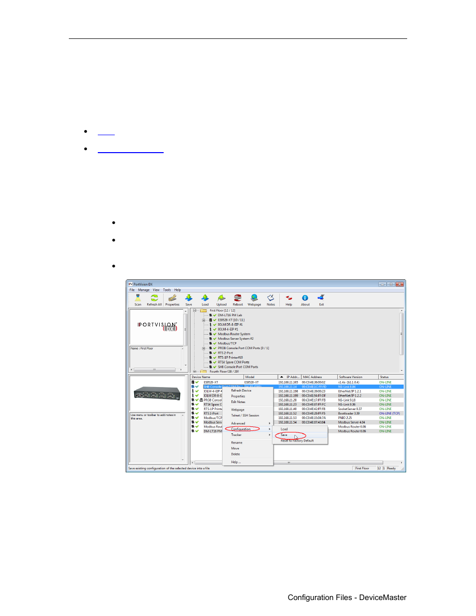 Saving configuration files, Main screen, Save | Comtrol PortVision DX User Manual | Page 134 / 155