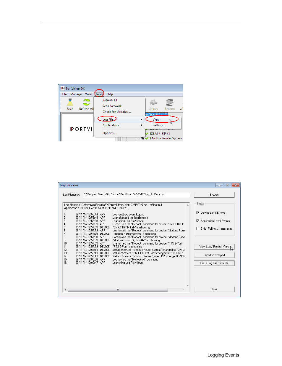 Accessing the event log | Comtrol PortVision DX User Manual | Page 150 / 155