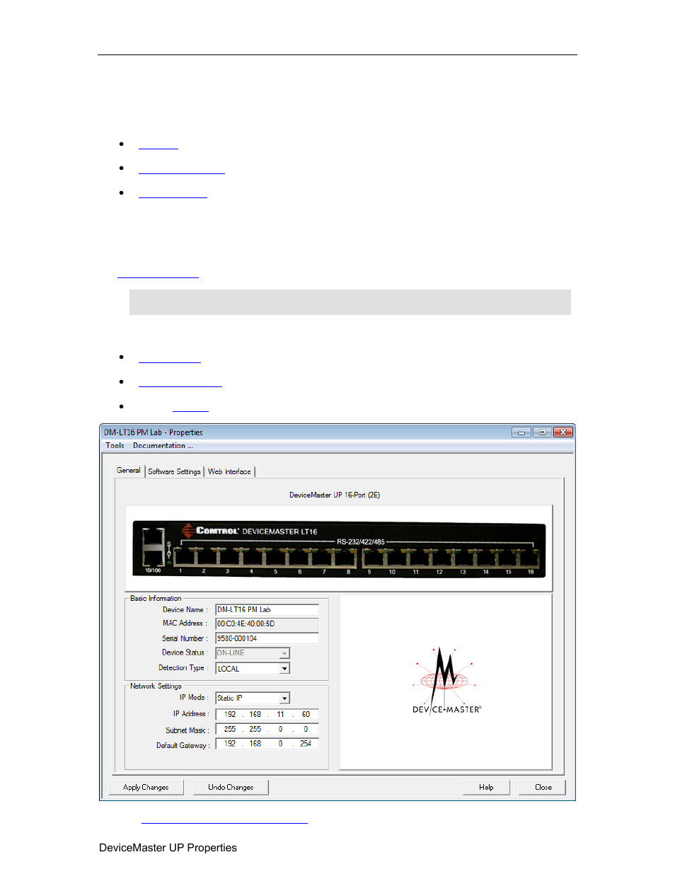 Devicemaster up properties, General tab (devicemaster up), Devicemaster up | Comtrol PortVision DX User Manual | Page 45 / 155