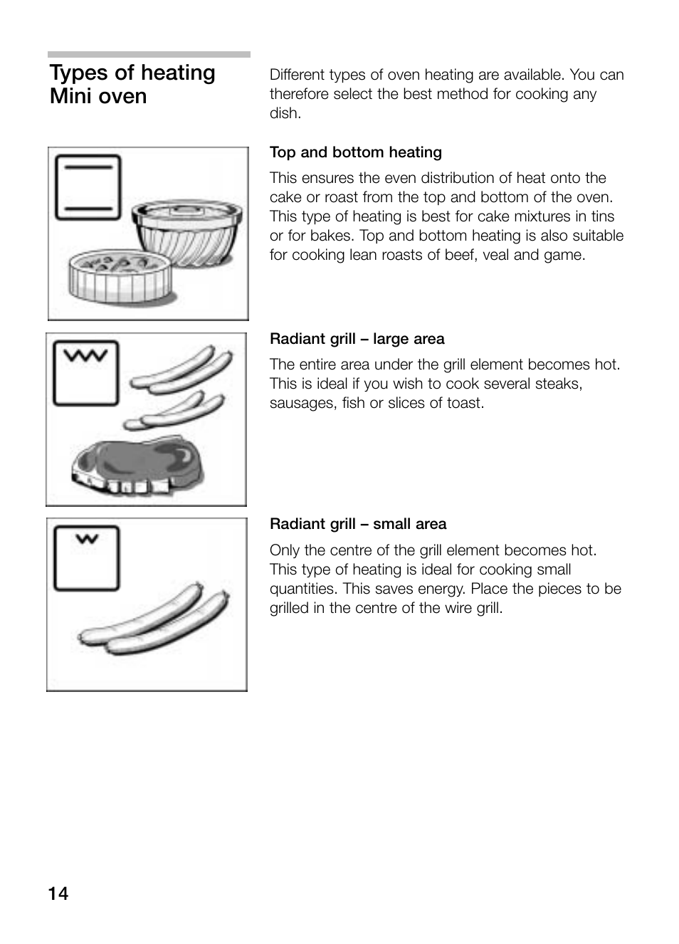 Types of heating, Mini oven | Bosch HBN 43M 550 A User Manual | Page 14 / 56
