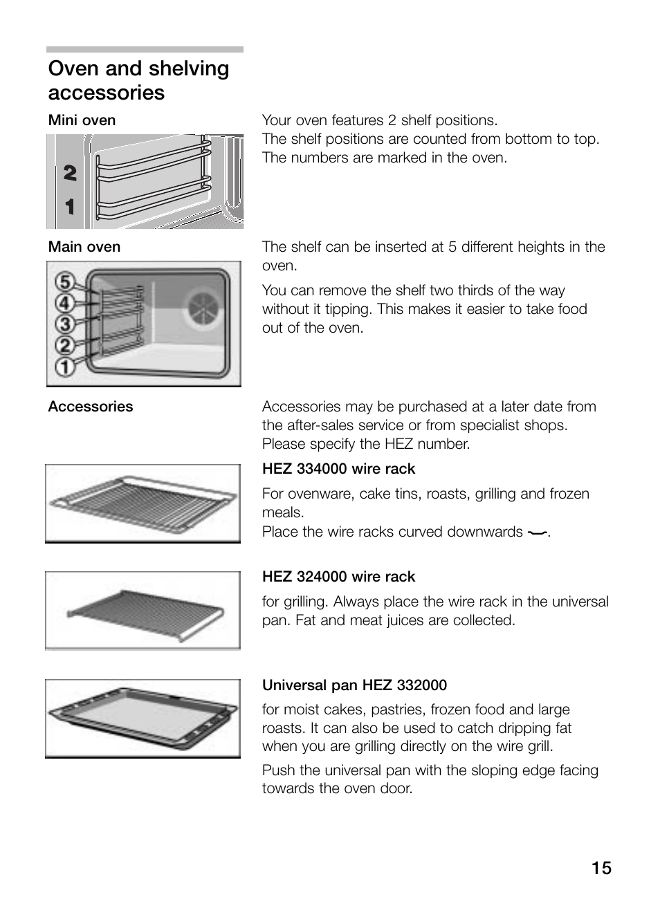 Oven and shelving accessories | Bosch HBN 43M 550 A User Manual | Page 15 / 56