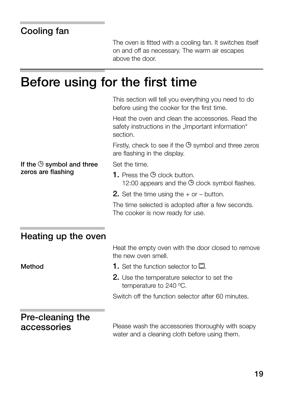 Before using for the first time, Cooling fan, Heating up the oven | Pre-cleaning the accessories | Bosch HBN 43M 550 A User Manual | Page 19 / 56