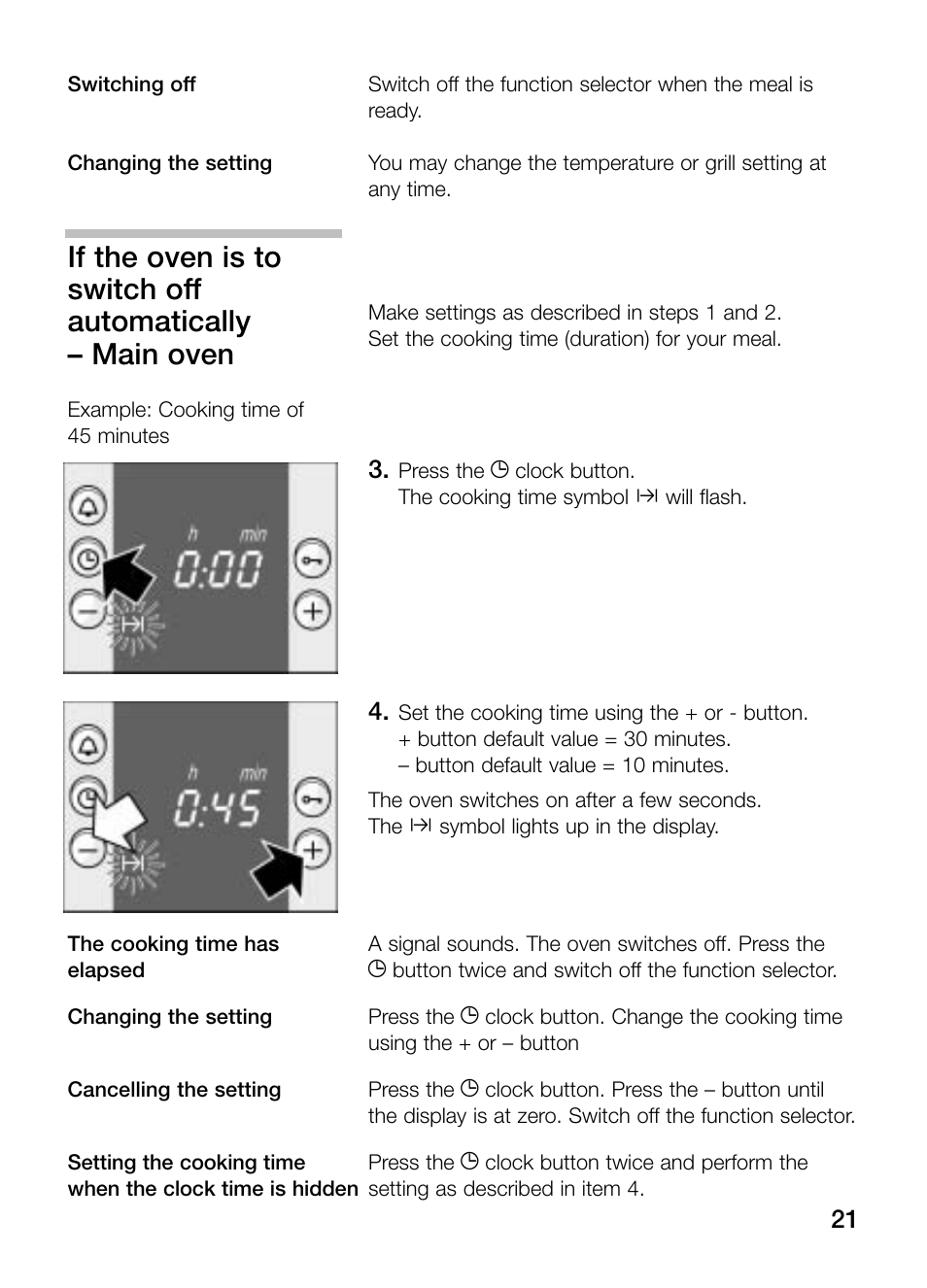 If the oven is to switch off automatically, Main oven | Bosch HBN 43M 550 A User Manual | Page 21 / 56