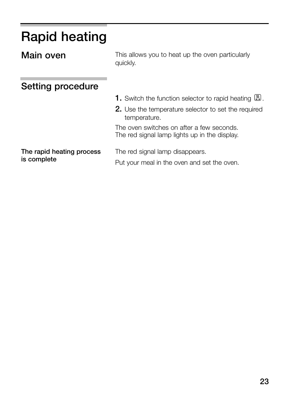 Rapid heating, Main oven, Setting procedure | Bosch HBN 43M 550 A User Manual | Page 23 / 56