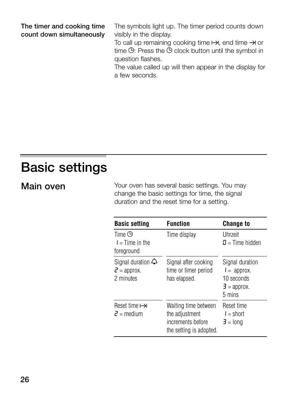 Basic settings, Main oven | Bosch HBN 43M 550 A User Manual | Page 26 / 56