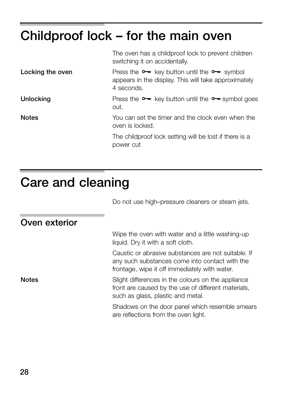 Childproof lock – for the main oven, Care and cleaning, Oven exterior | Bosch HBN 43M 550 A User Manual | Page 28 / 56