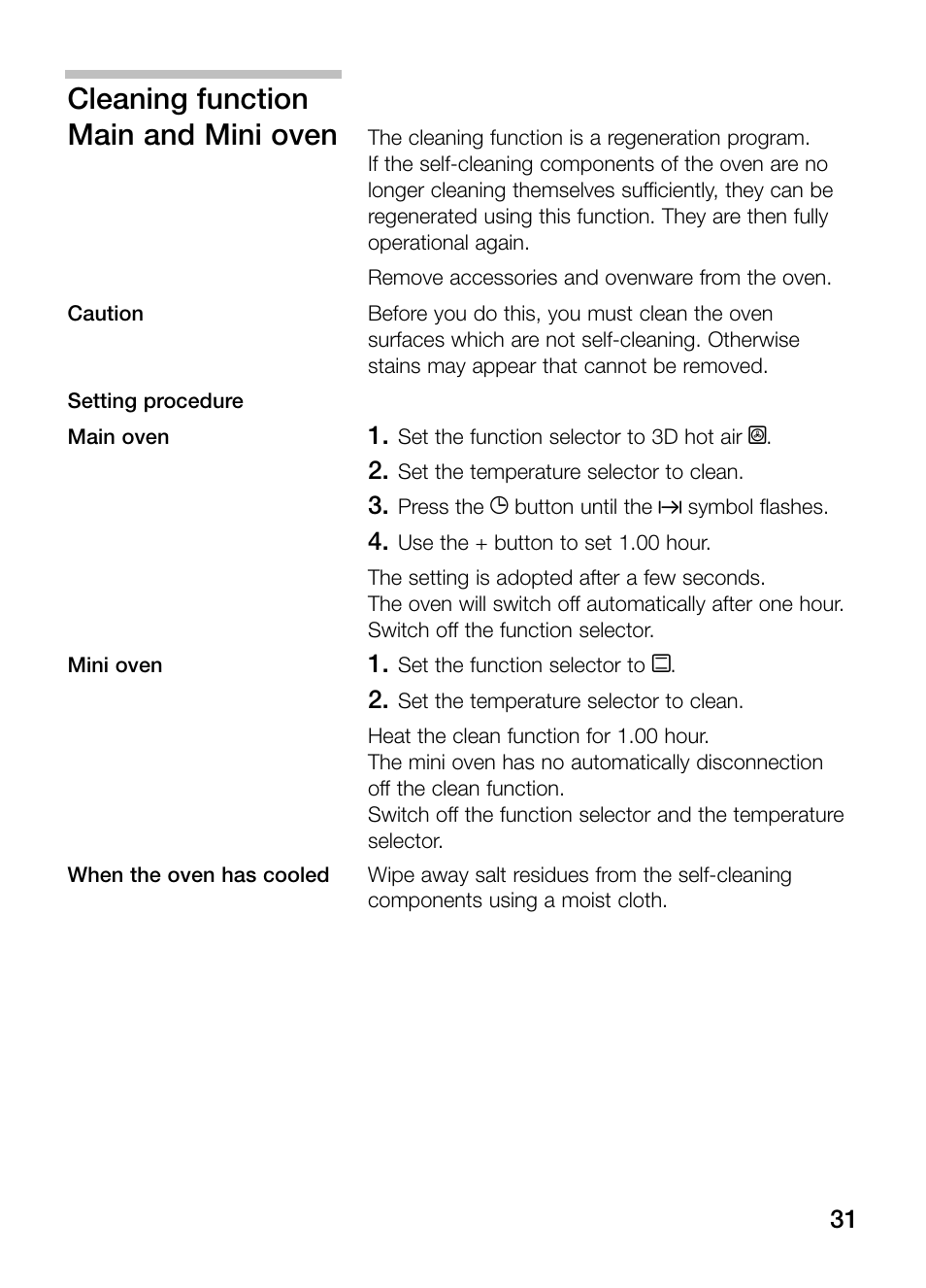 Cleaning function main and mini oven | Bosch HBN 43M 550 A User Manual | Page 31 / 56