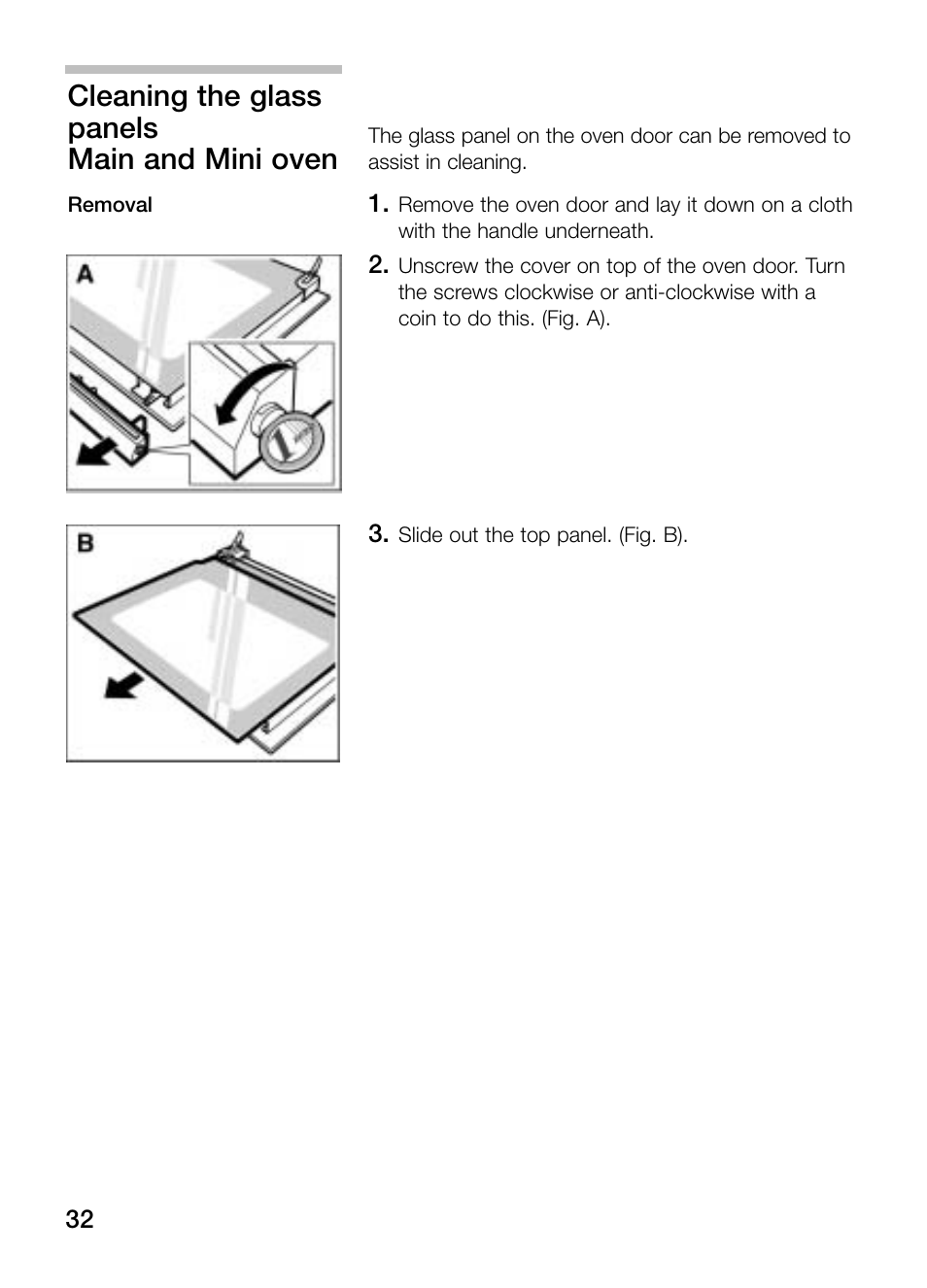 Cleaning the glass panels, Main and mini oven | Bosch HBN 43M 550 A User Manual | Page 32 / 56