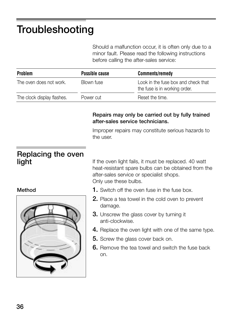 Troubleshooting, Replacing the oven light | Bosch HBN 43M 550 A User Manual | Page 36 / 56