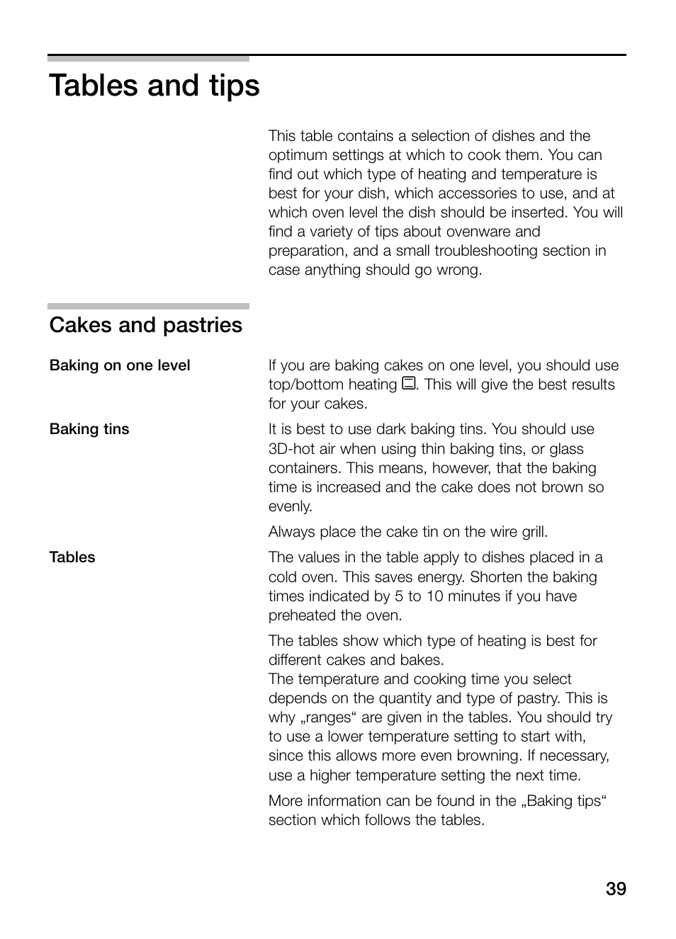 Tables and tips, Cakes and pastries | Bosch HBN 43M 550 A User Manual | Page 39 / 56