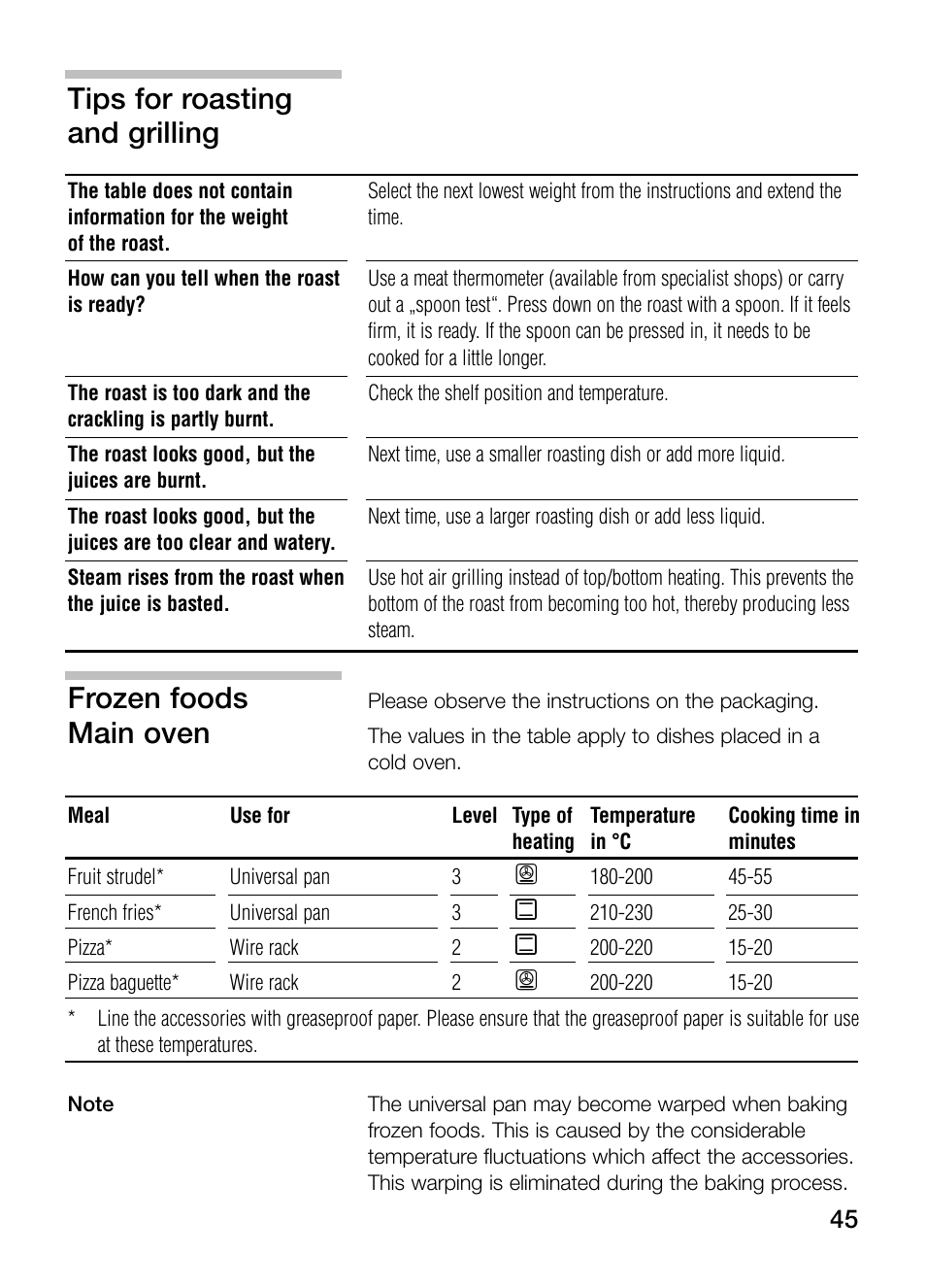 Tips for roasting and grilling, Frozen foods, Main oven | Bosch HBN 43M 550 A User Manual | Page 45 / 56