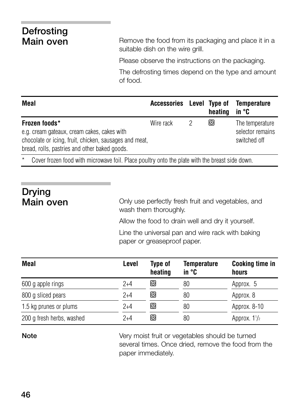 Defrosting main oven, Drying main oven | Bosch HBN 43M 550 A User Manual | Page 46 / 56