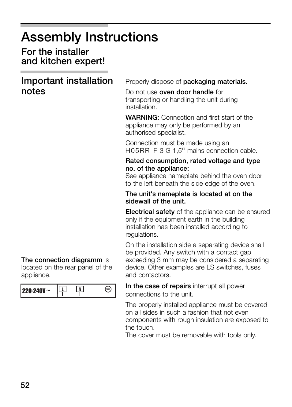 Assembly instructions | Bosch HBN 43M 550 A User Manual | Page 52 / 56