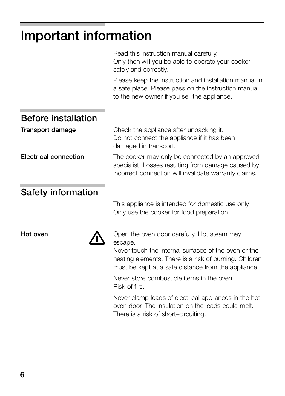 Important information, Before installation, Safety information | Bosch HBN 43M 550 A User Manual | Page 6 / 56