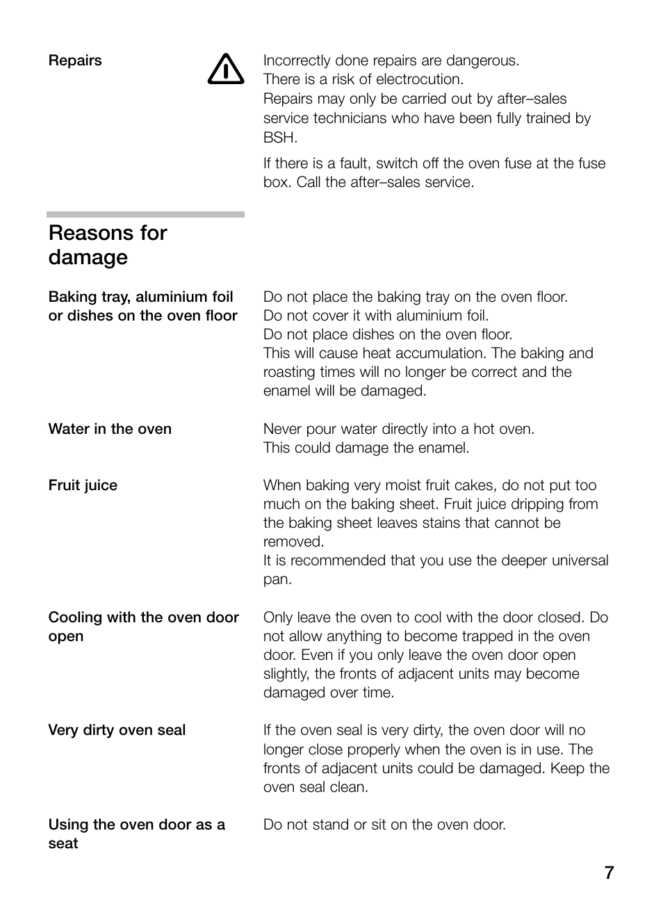 Reasons for damage | Bosch HBN 43M 550 A User Manual | Page 7 / 56