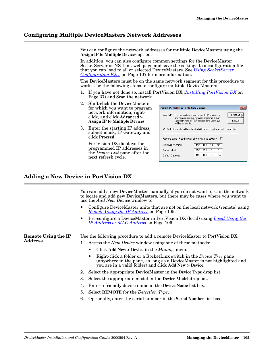 Adding a new device in portvision dx, Remote using the ip address, Adding a new | Device in portvision dx | Comtrol Hub DeviceMaster User Manual | Page 105 / 178