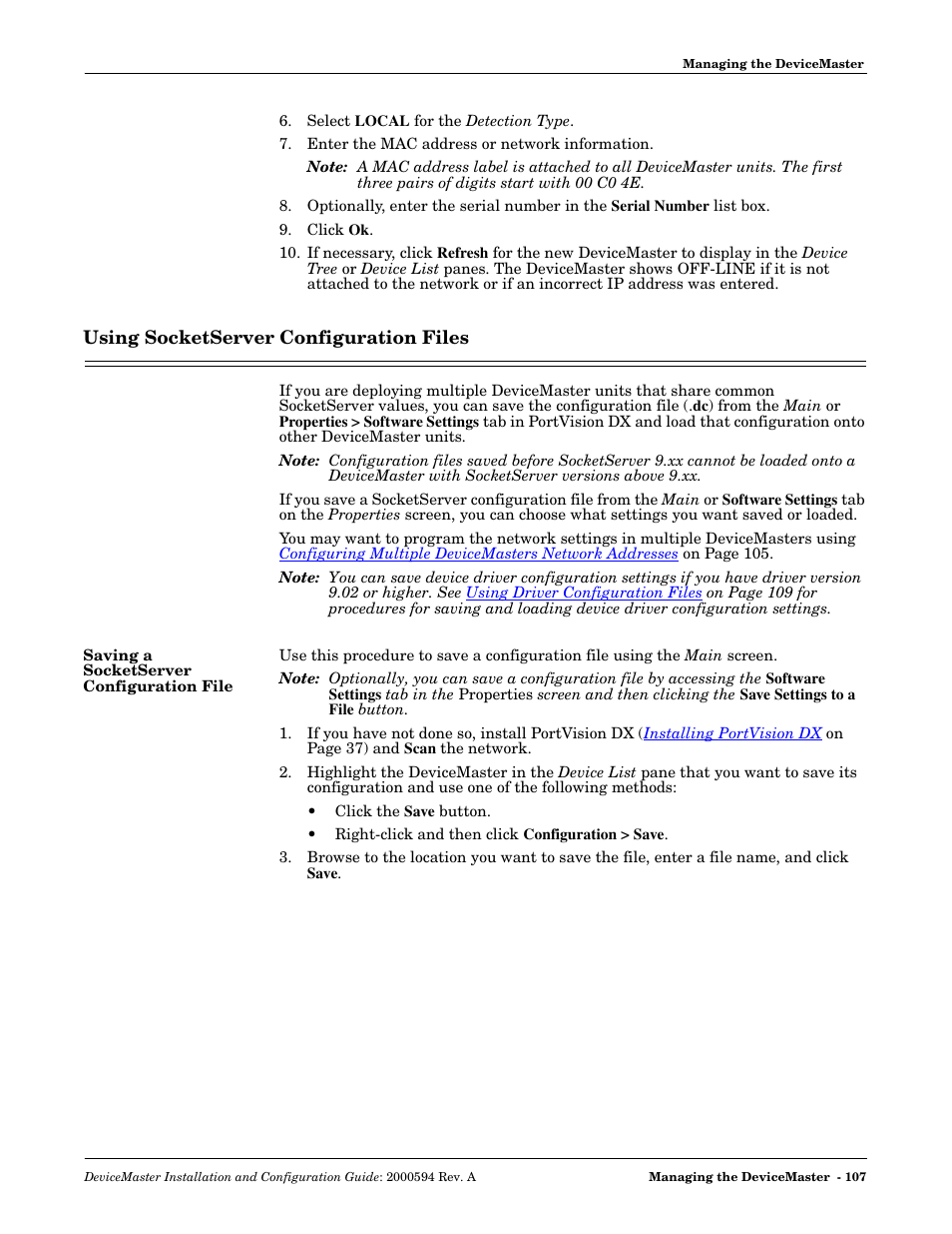 Using socketserver configuration files, Saving a socketserver configuration file, Using socketserver | Configuration files | Comtrol Hub DeviceMaster User Manual | Page 107 / 178