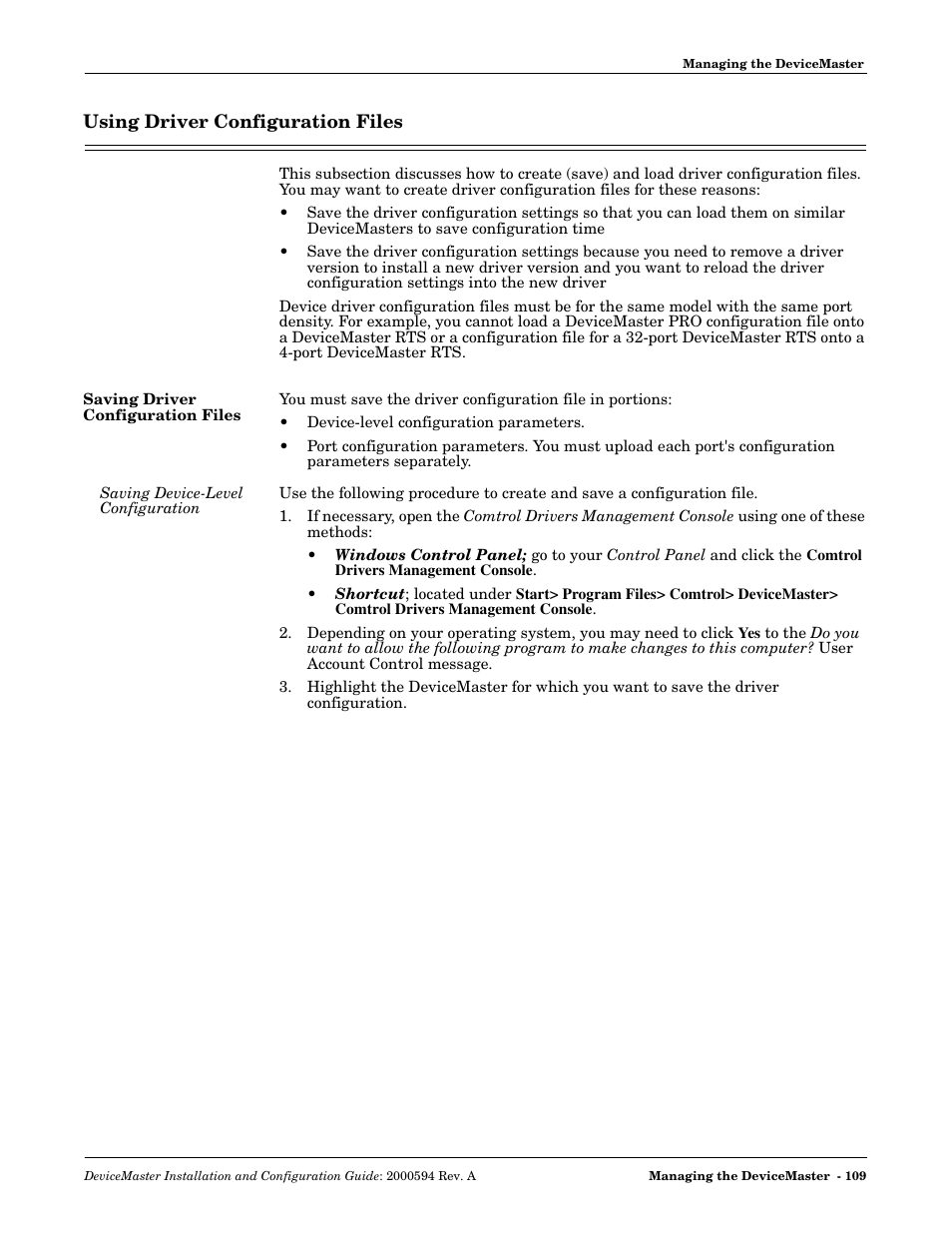 Using driver configuration files, Saving driver configuration files, Saving device-level configuration | Or higher. see | Comtrol Hub DeviceMaster User Manual | Page 109 / 178