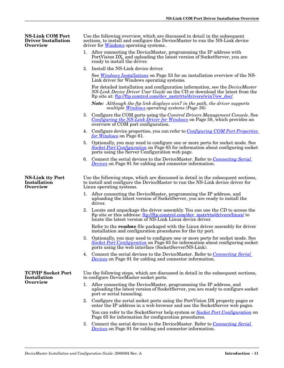 Ns-link com port driver installation overview, Ns-link tty port installation overview, Tcp/ip socket port installation overview | Ns-link com port driver, Installation overview, Ports | Comtrol Hub DeviceMaster User Manual | Page 11 / 178