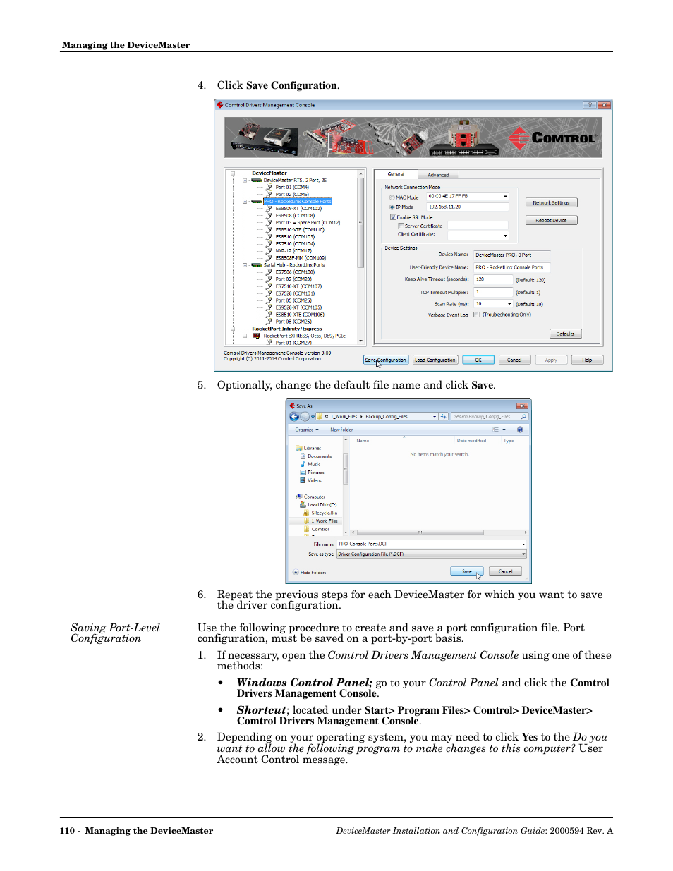 Saving port-level configuration | Comtrol Hub DeviceMaster User Manual | Page 110 / 178