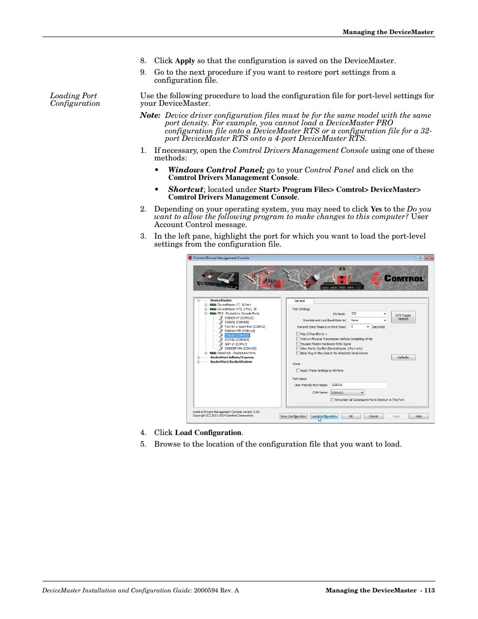 Loading port configuration | Comtrol Hub DeviceMaster User Manual | Page 113 / 178