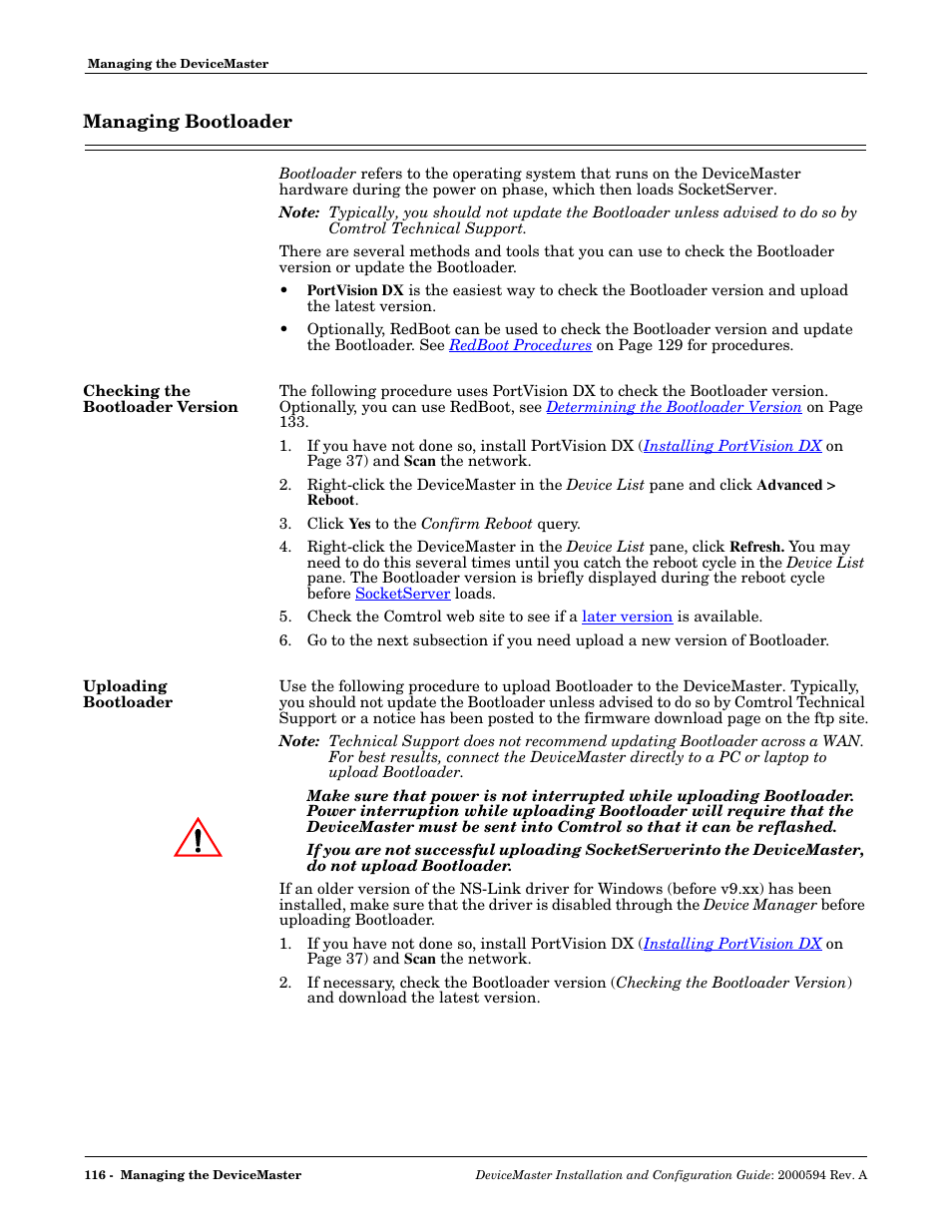 Managing bootloader, Checking the bootloader version, Uploading bootloader | Comtrol Hub DeviceMaster User Manual | Page 116 / 178