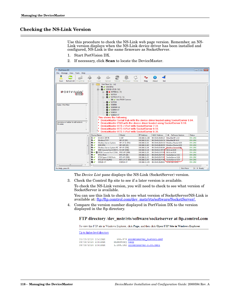 Checking the ns-link version | Comtrol Hub DeviceMaster User Manual | Page 118 / 178