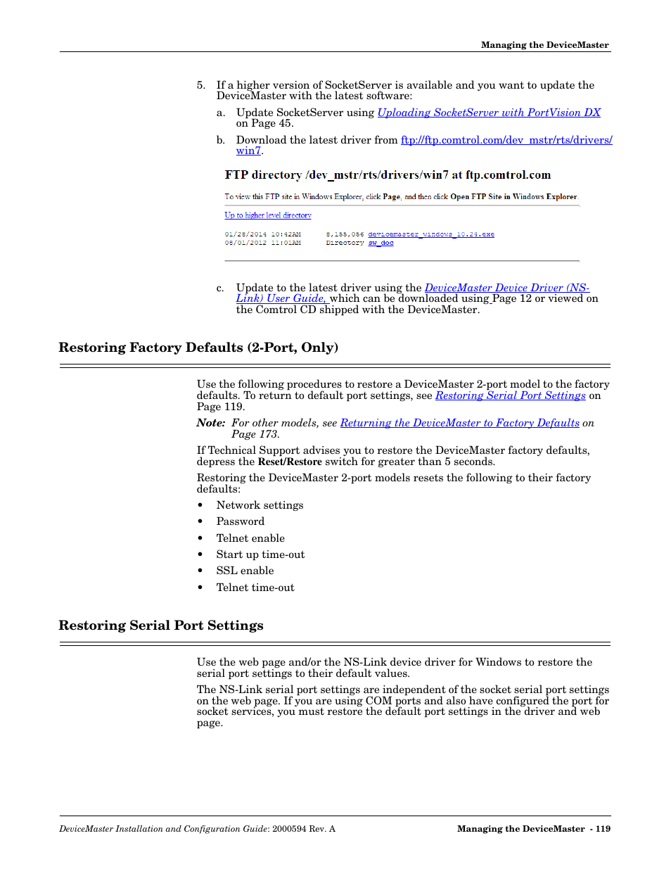 Restoring factory defaults (2-port, only), Restoring serial port settings | Comtrol Hub DeviceMaster User Manual | Page 119 / 178