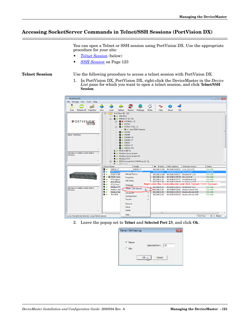 Telnet session | Comtrol Hub DeviceMaster User Manual | Page 121 / 178