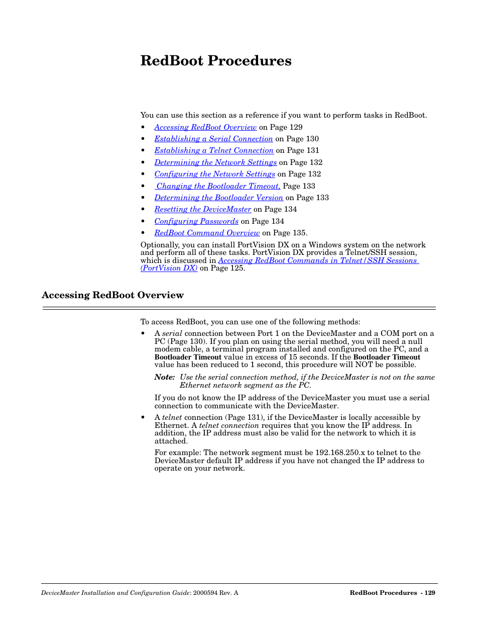 Redboot procedures, Accessing redboot overview, Redboot | Procedures | Comtrol Hub DeviceMaster User Manual | Page 129 / 178