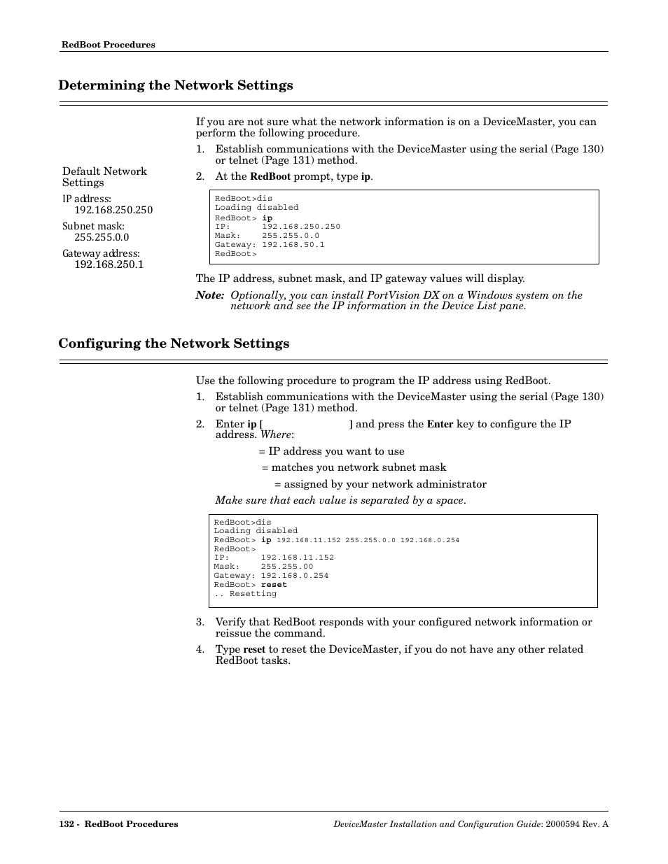 Determining the network settings, Configuring the network settings | Comtrol Hub DeviceMaster User Manual | Page 132 / 178