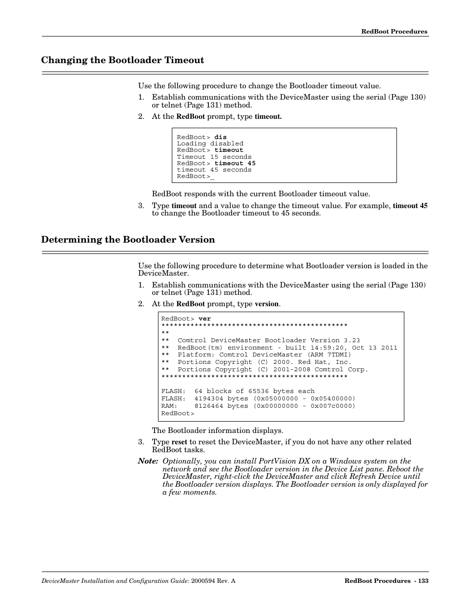 Changing the bootloader timeout, Determining the bootloader version, Timeout value. see | Comtrol Hub DeviceMaster User Manual | Page 133 / 178