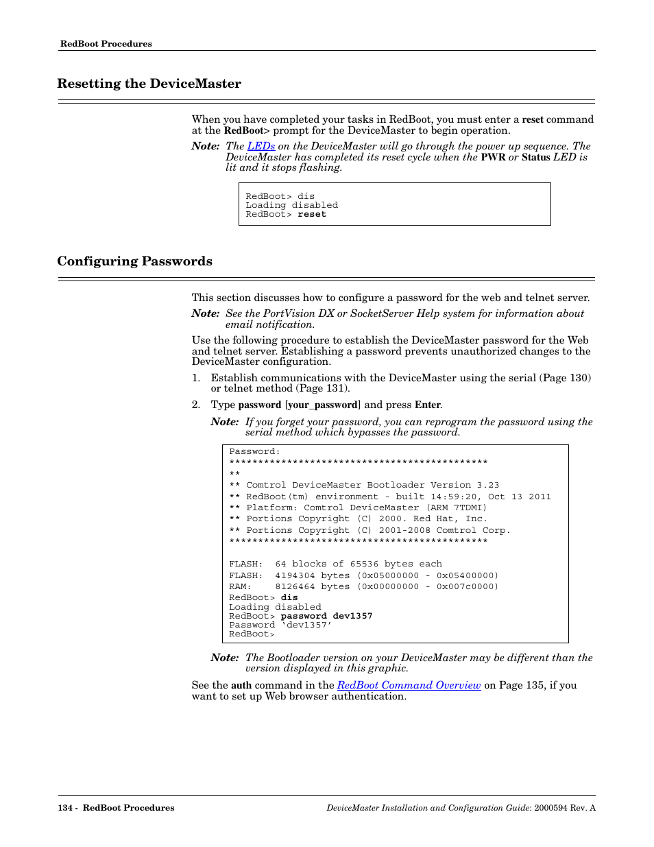Resetting the devicemaster, Configuring passwords, Resetting the devicemaster configuring passwords | Comtrol Hub DeviceMaster User Manual | Page 134 / 178