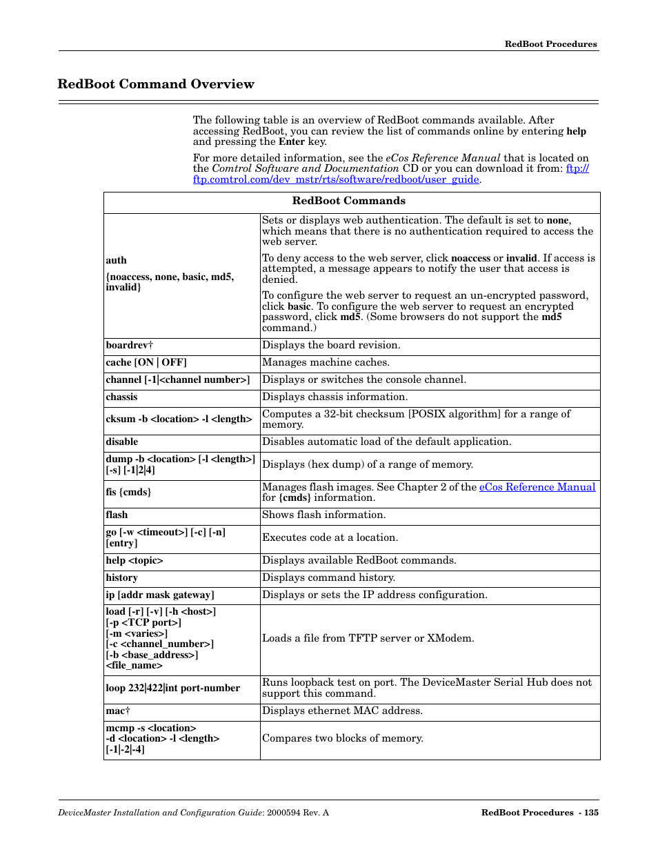 Redboot command overview, Redboot, Command overview | In the | Comtrol Hub DeviceMaster User Manual | Page 135 / 178