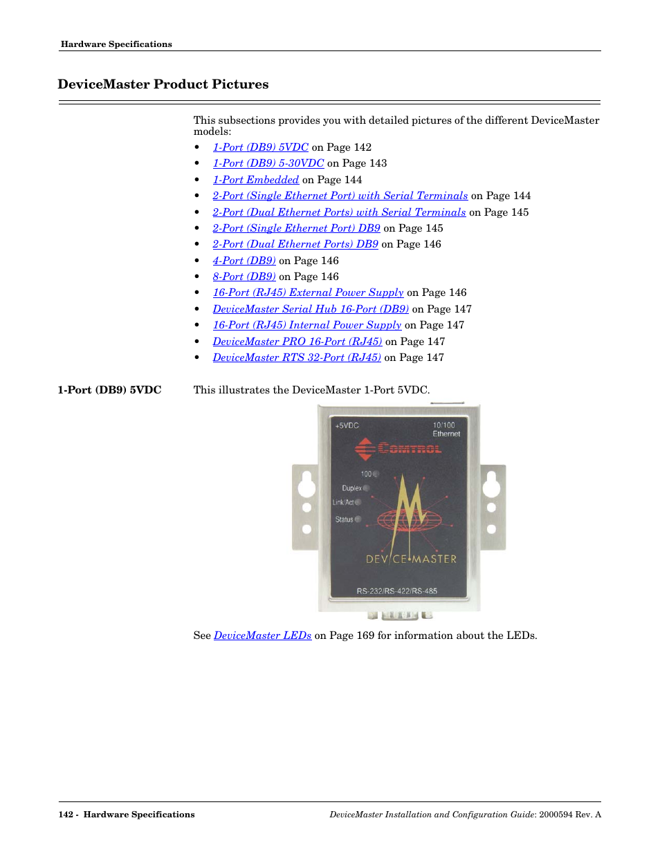 Devicemaster product pictures, Port (db9) 5vdc | Comtrol Hub DeviceMaster User Manual | Page 142 / 178