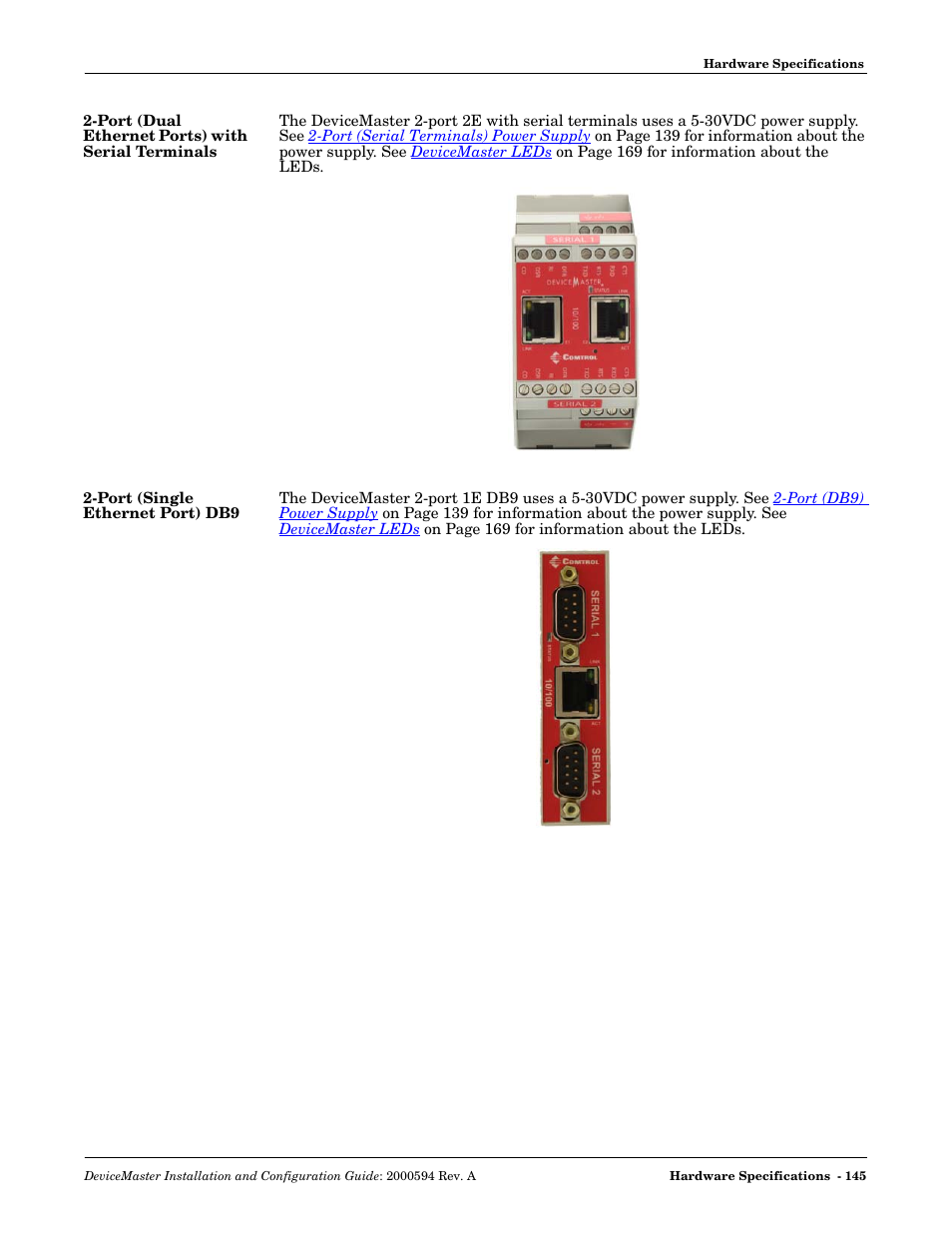 Port (dual ethernet ports) with serial terminals, Port (single ethernet port) db9 | Comtrol Hub DeviceMaster User Manual | Page 145 / 178