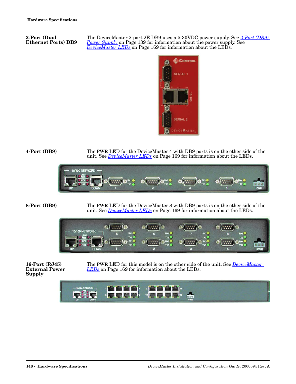 Port (dual ethernet ports) db9, Port (db9), Port (rj45) external power supply | Comtrol Hub DeviceMaster User Manual | Page 146 / 178