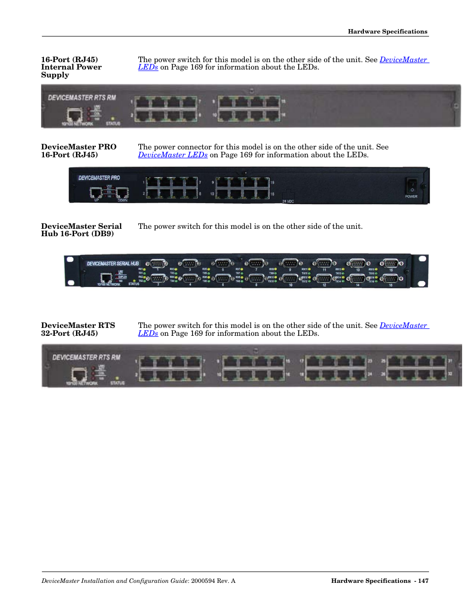 Port (rj45) internal power supply, Devicemaster pro 16-port (rj45), Devicemaster serial hub 16-port (db9) | Devicemaster rts 32-port (rj45) | Comtrol Hub DeviceMaster User Manual | Page 147 / 178