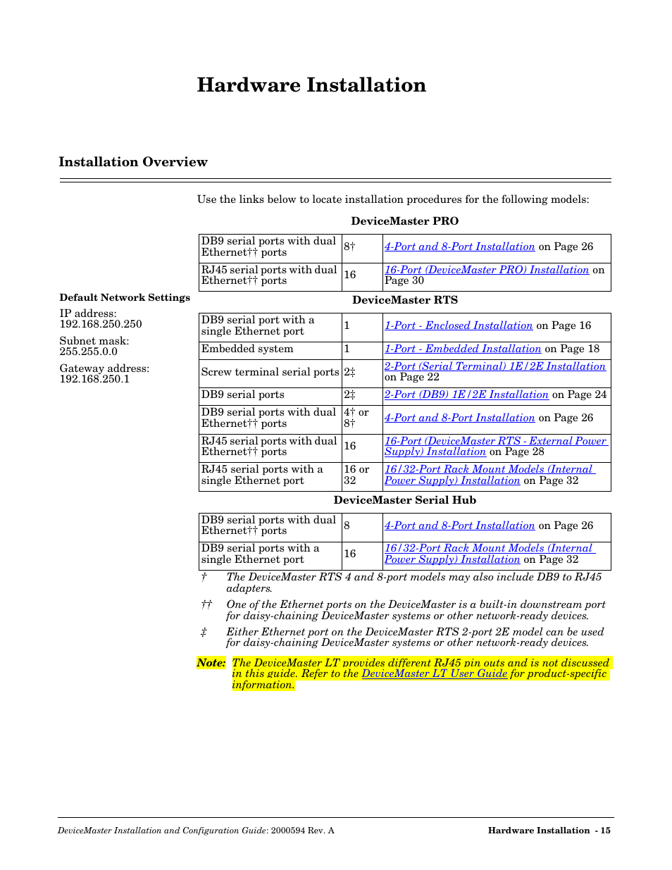 Hardware installation, Installation overview, Hardware | Installation | Comtrol Hub DeviceMaster User Manual | Page 15 / 178