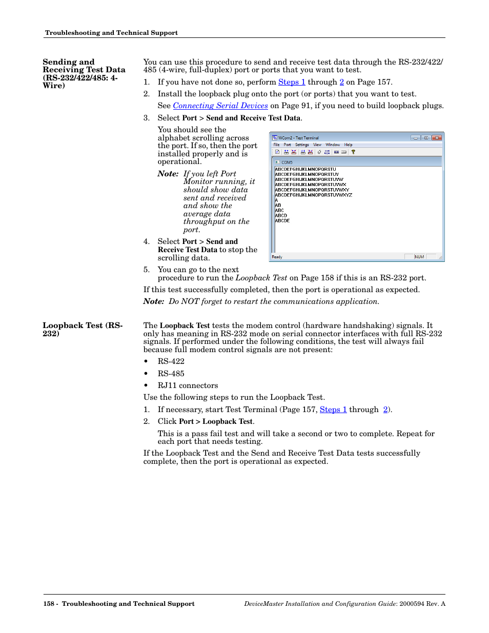 Loopback test (rs- 232) | Comtrol Hub DeviceMaster User Manual | Page 158 / 178