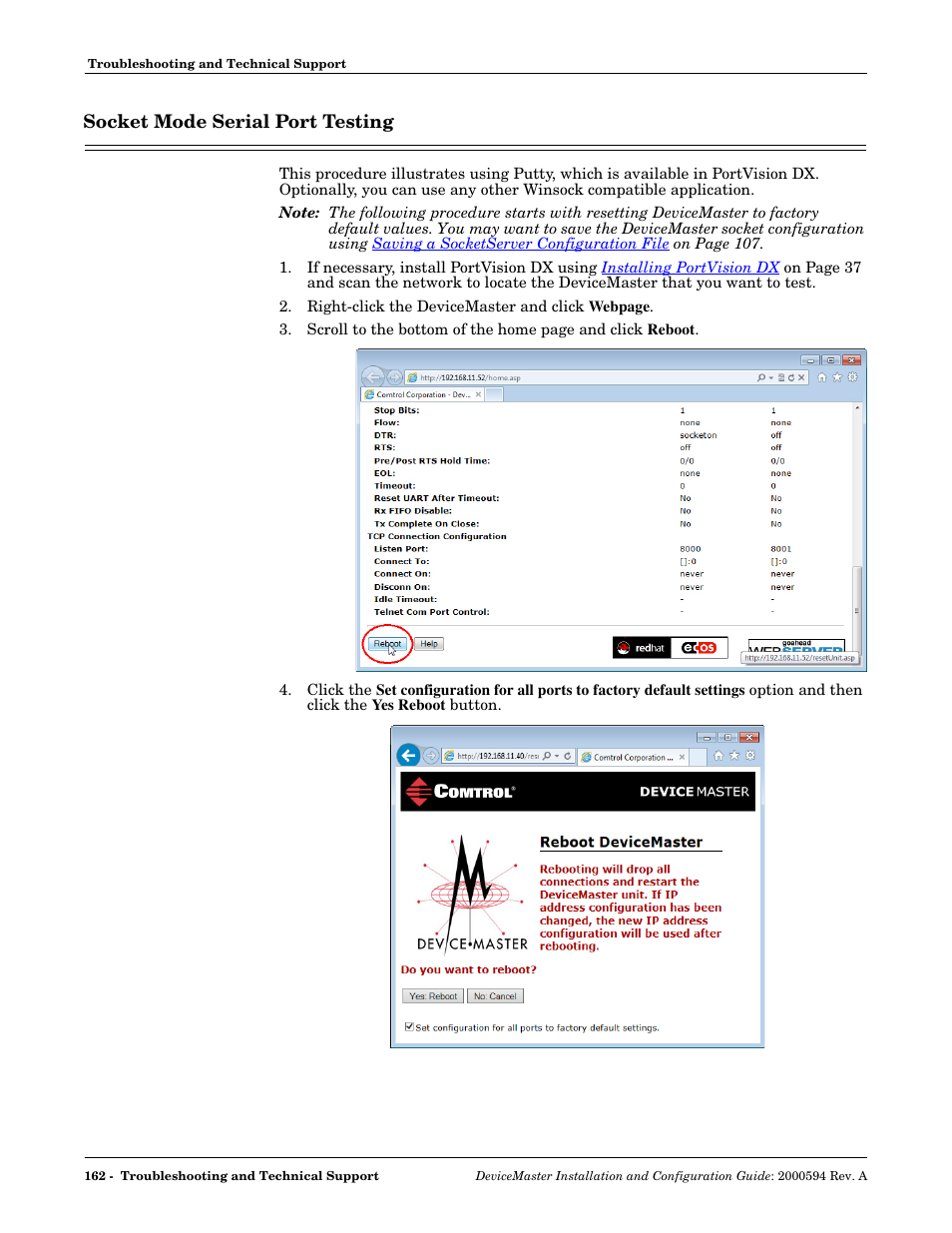 Socket mode serial port testing | Comtrol Hub DeviceMaster User Manual | Page 162 / 178