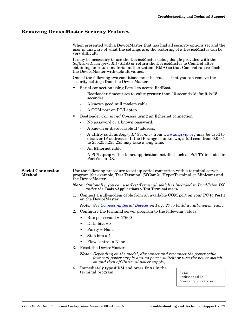 Removing devicemaster security features, Serial connection method, Removing | Devicemaster security features | Comtrol Hub DeviceMaster User Manual | Page 171 / 178