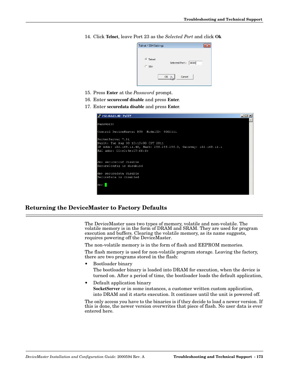 Returning the devicemaster to factory defaults | Comtrol Hub DeviceMaster User Manual | Page 173 / 178