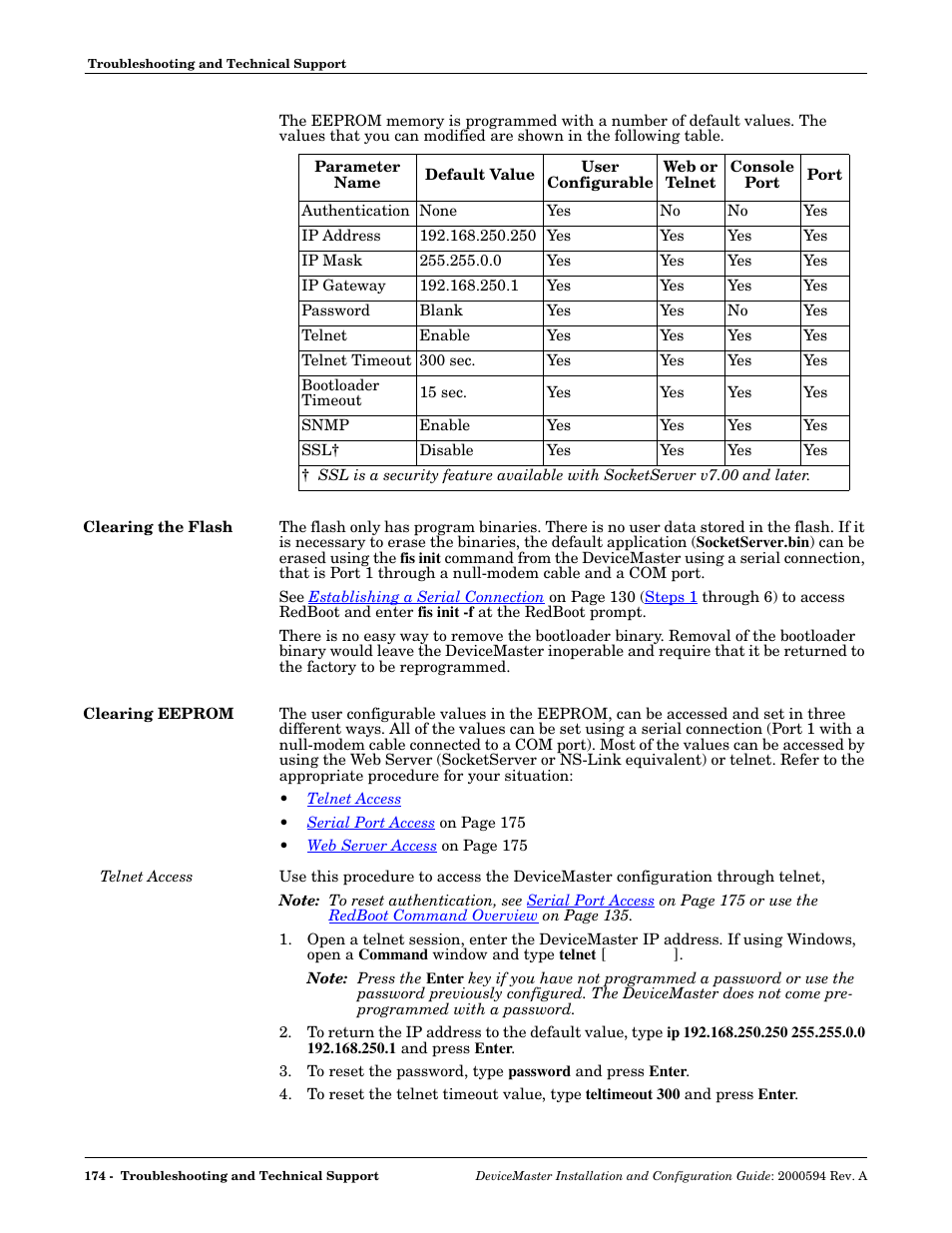 Clearing the flash, Clearing eeprom, Telnet access | Clearing the flash clearing eeprom | Comtrol Hub DeviceMaster User Manual | Page 174 / 178