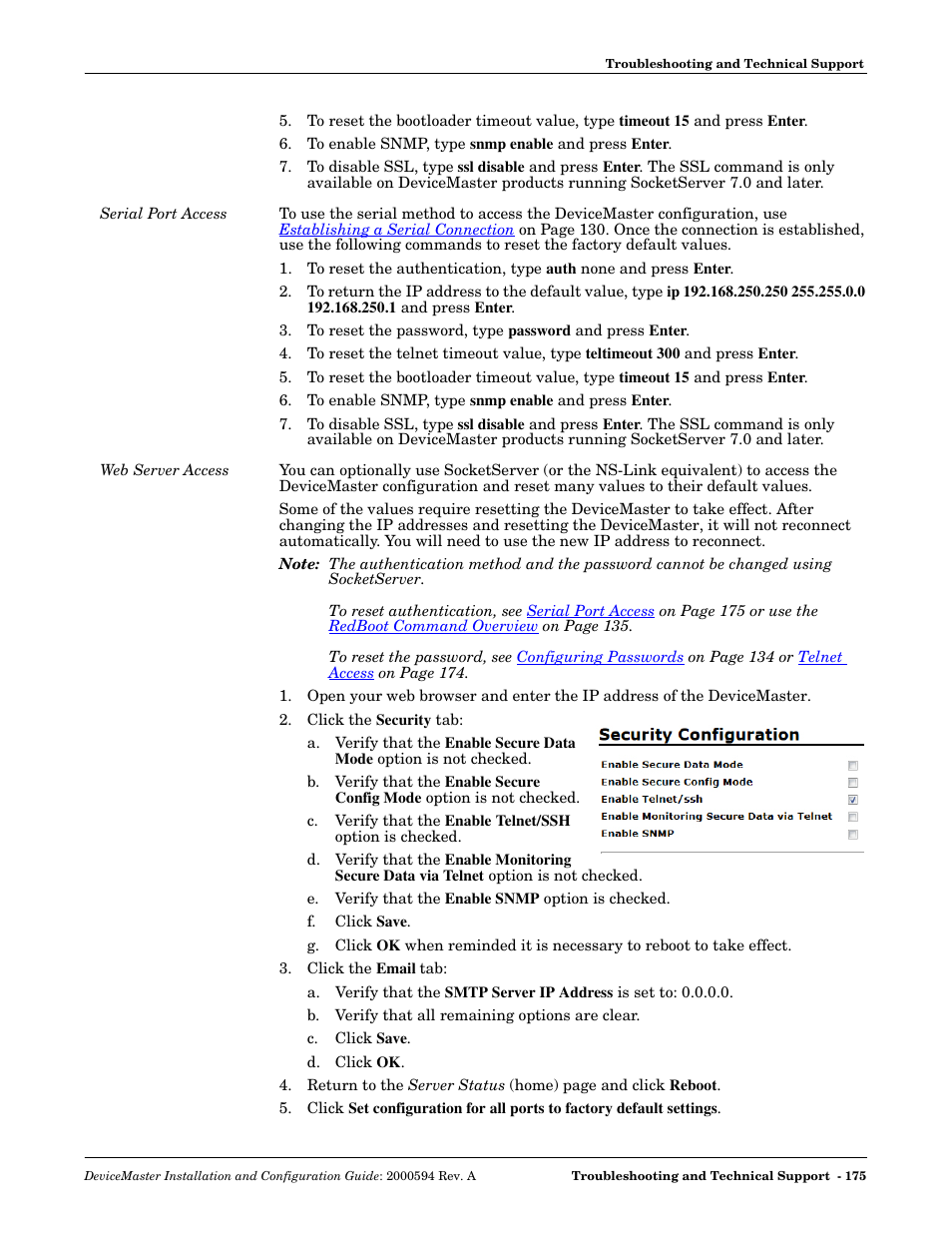 Serial port access, Web server access, Serial port access web server access | Comtrol Hub DeviceMaster User Manual | Page 175 / 178