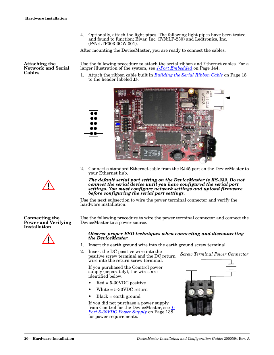 Attaching the network and serial cables, Connecting the power and verifying installation | Comtrol Hub DeviceMaster User Manual | Page 20 / 178